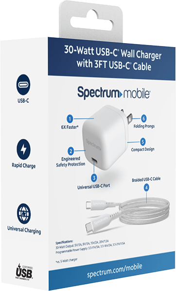 Cargador de pared USB-C de 30 W con cable USB-C de 3 ft, blanco
