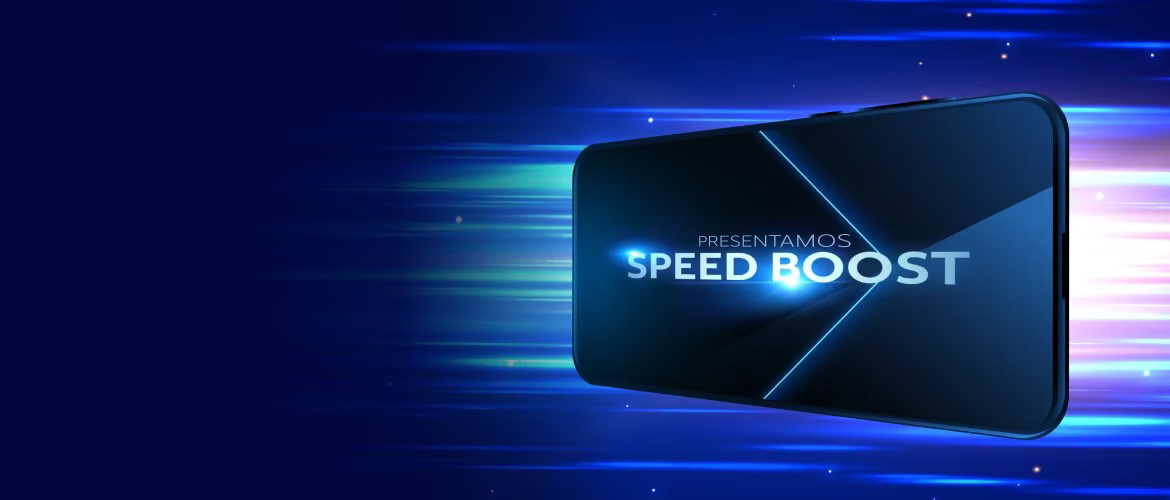Teléfono celular viajando a la velocidad de la luz, en la pantalla se lee "Presentamos Speed Boost".