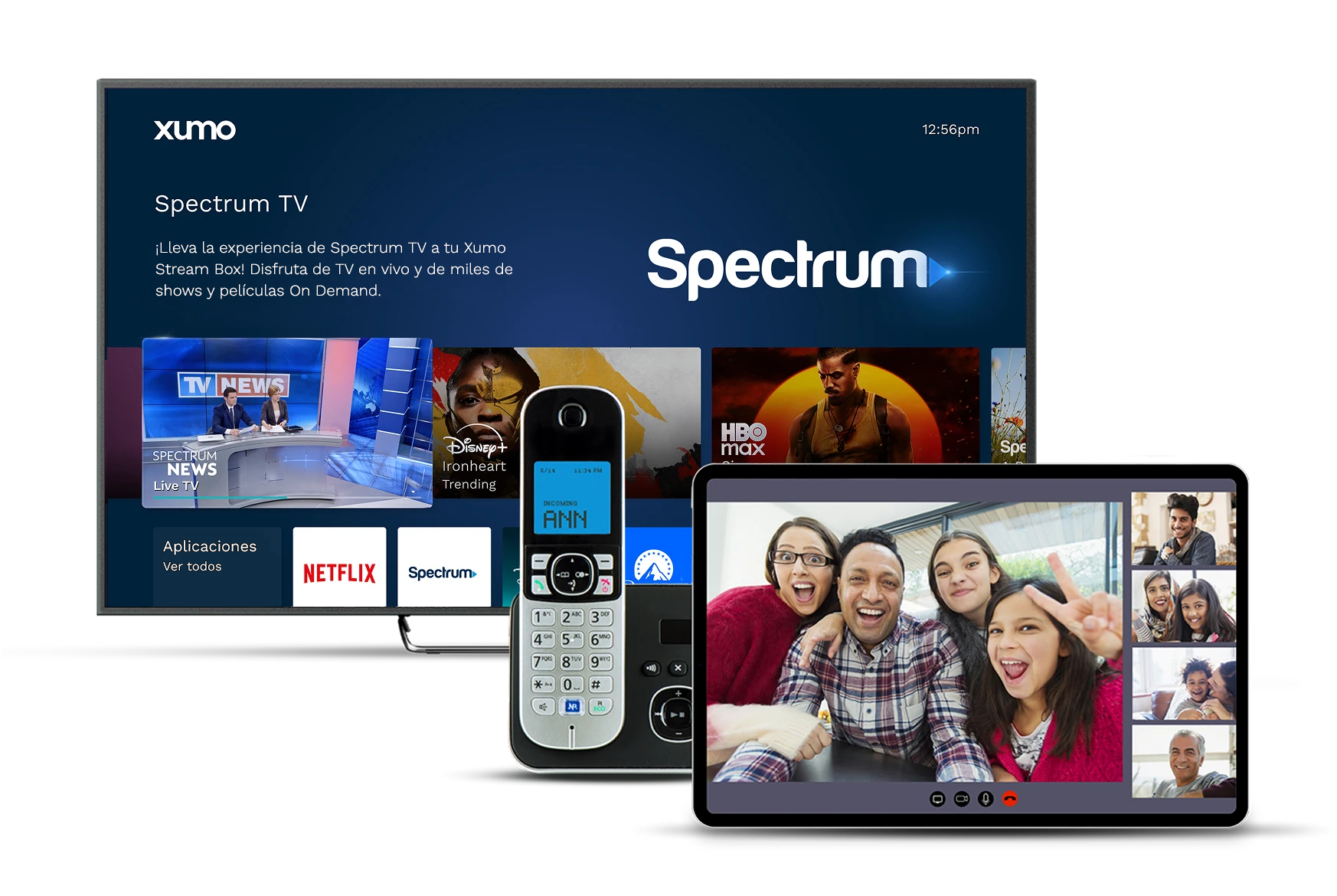 Spectrum TV, teléfono y tableta que muestran los servicios de Spectrum