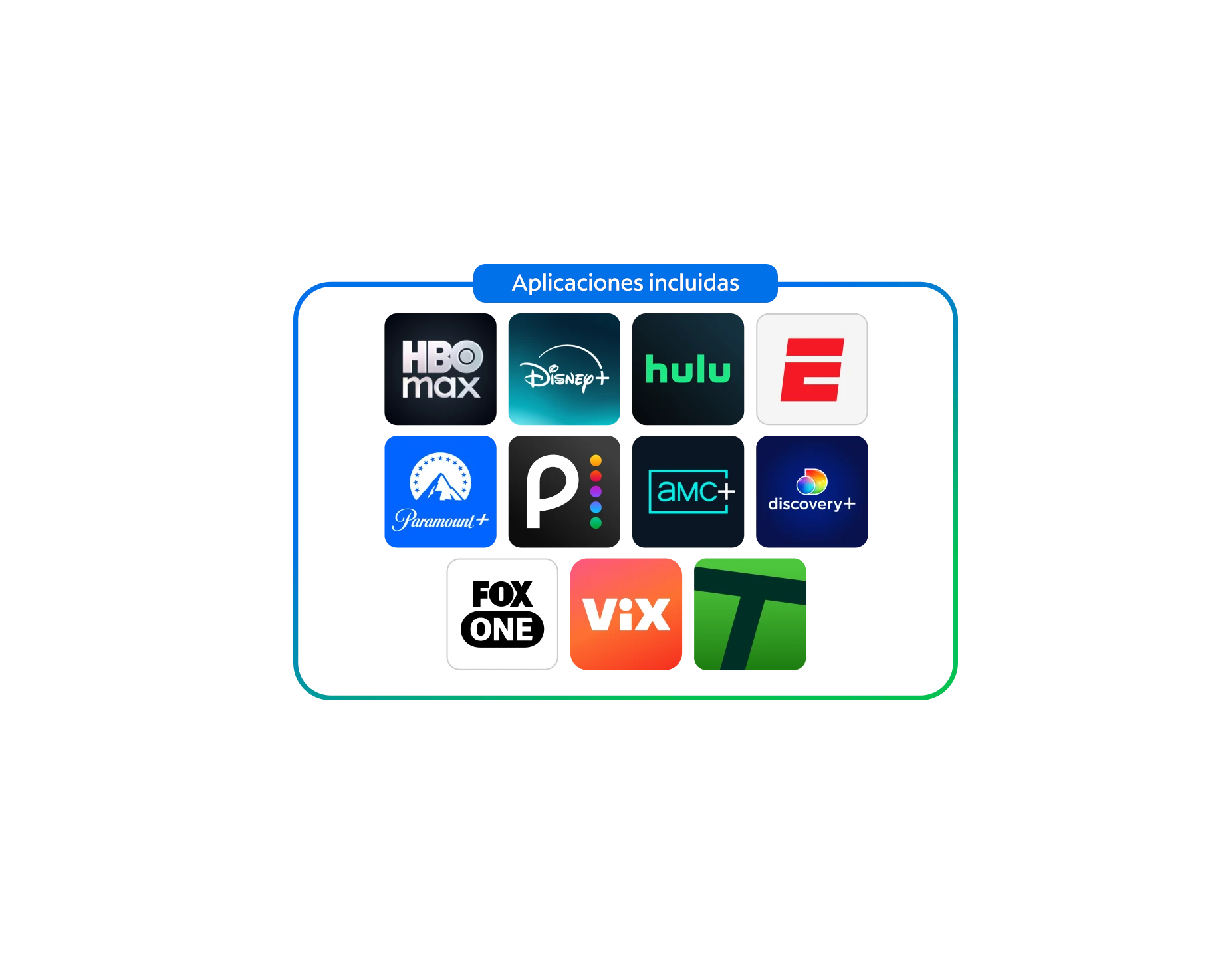 Aplicaciones incluidas en streaming con Spectrum: HBO Max, Disney, hulu, ESPN, Paramount Plus, Peacock, AMC plus, discovery plus, FOX One, Vix y Tennis Channel