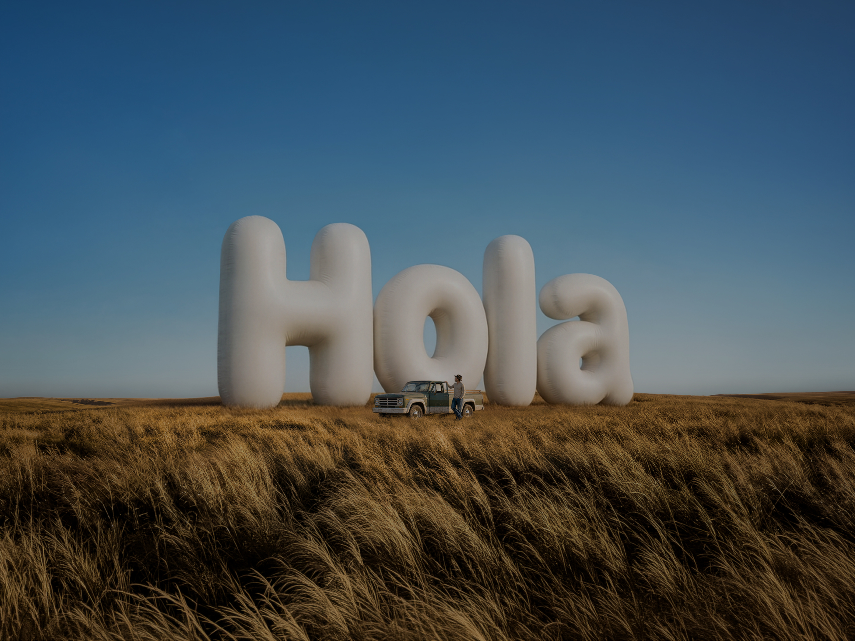 Letras grandes de estilo inflable que forman "¡Hola!" en medio de un campo de trigo, con un granjero y una camioneta