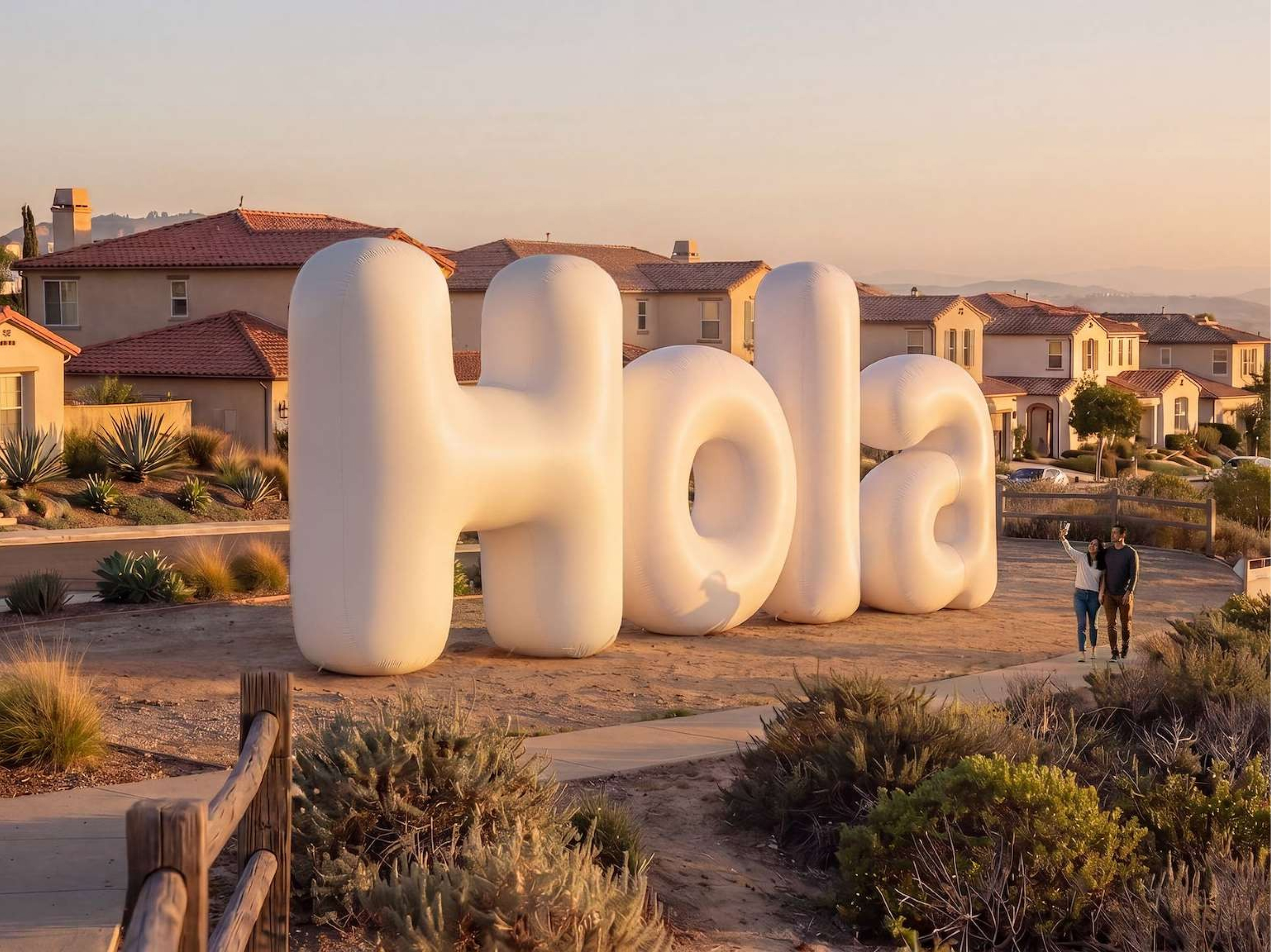 Gran letrero inflable con la palabra "¡Hola!" en un barrio residencial de San Diego, California. Una pareja se encuentra en el camino frente a la casa tomándose una selfie con su dispositivo móvil.